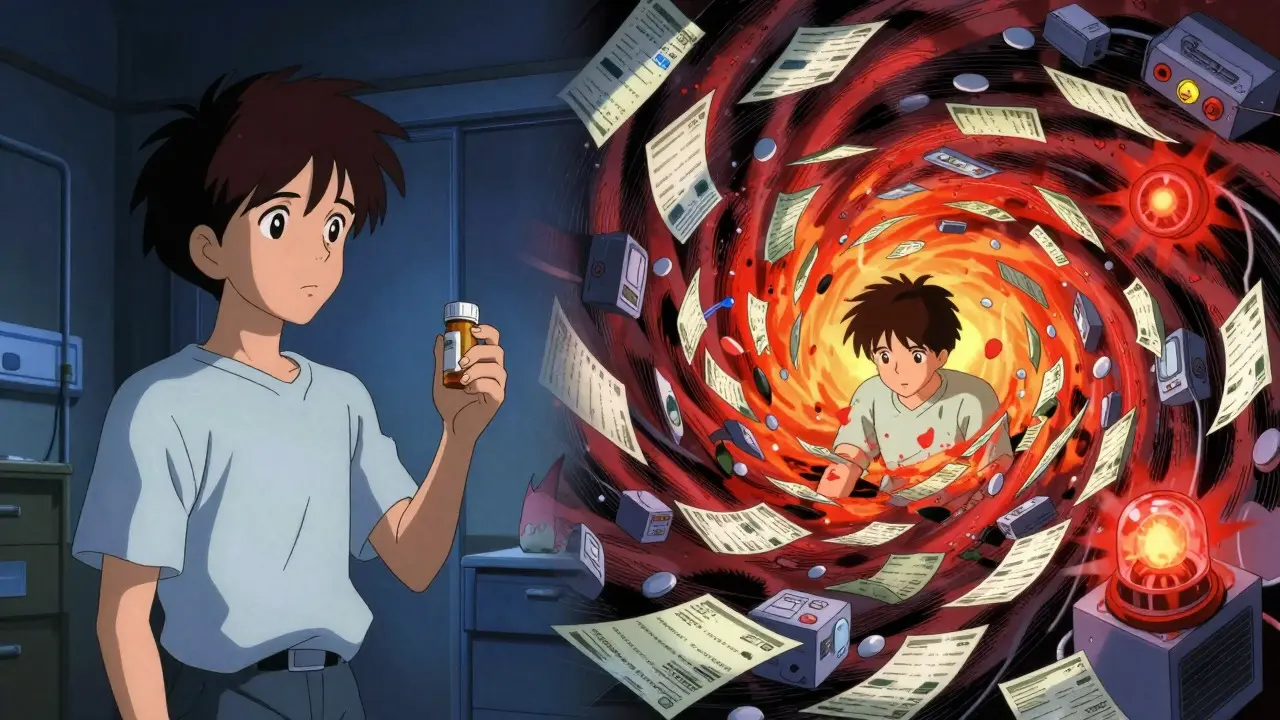Anime split-screen showing cost of skipping meds vs crisis