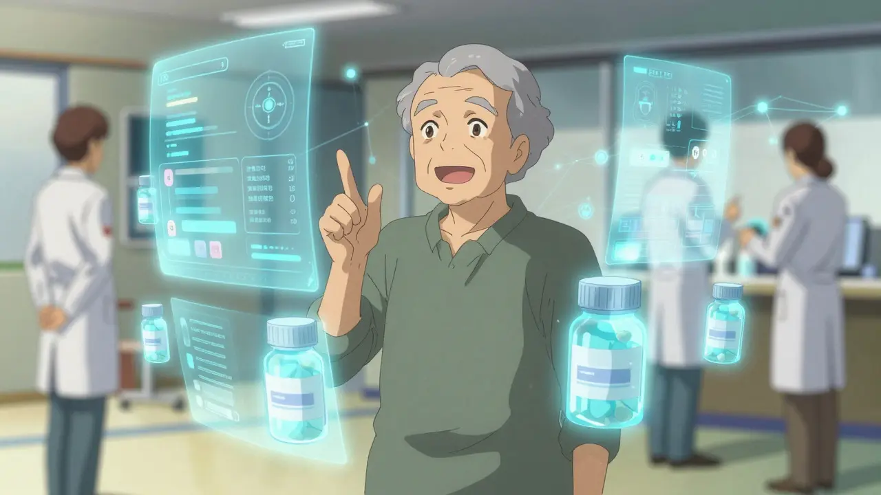 Anime style elderly patient using smart tech for meds