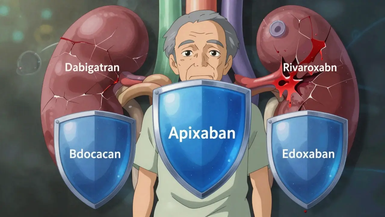 Apixaban shown as a stable shield protecting a patient, unlike other DOACs.