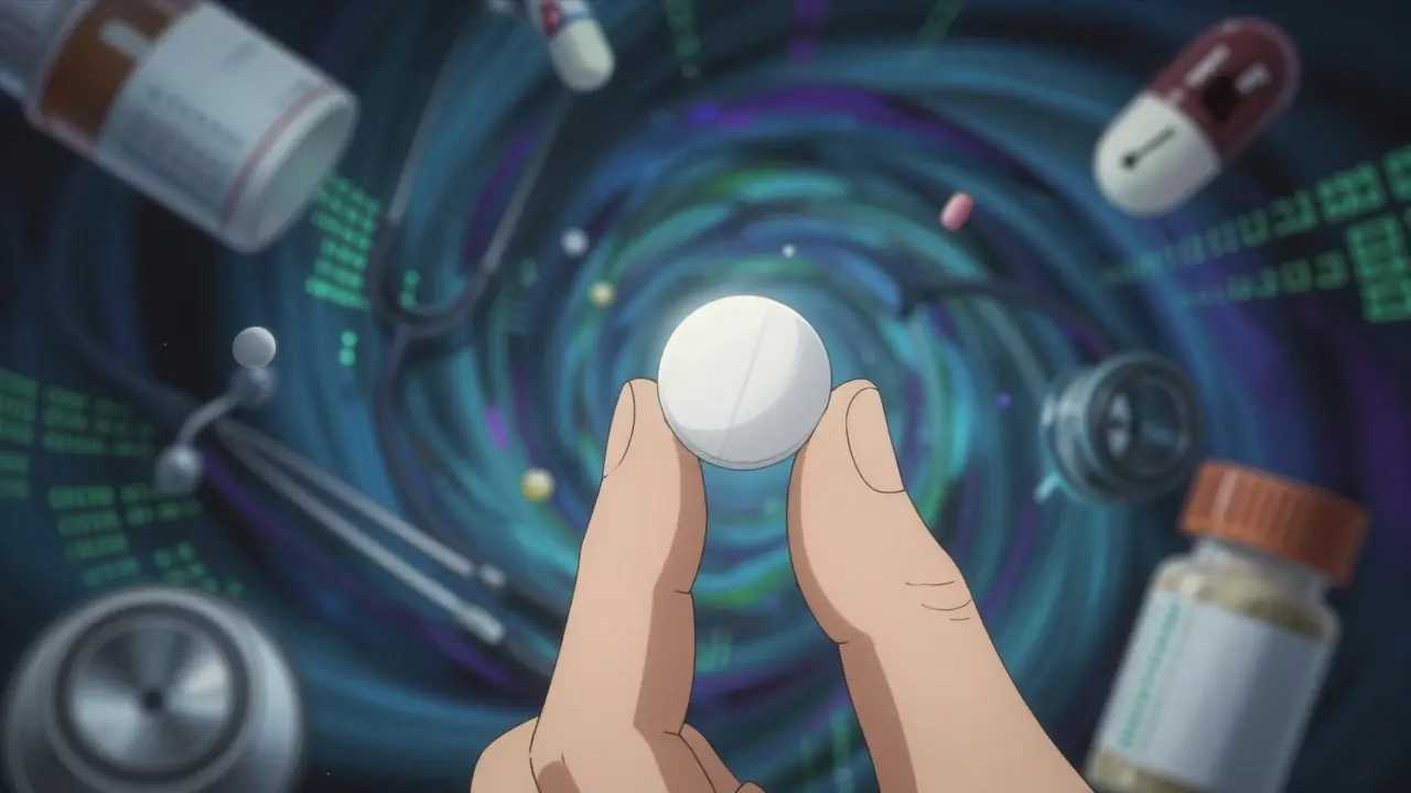 Close up of genuine pill surrounded by surreal shadows of counterfeit drugs