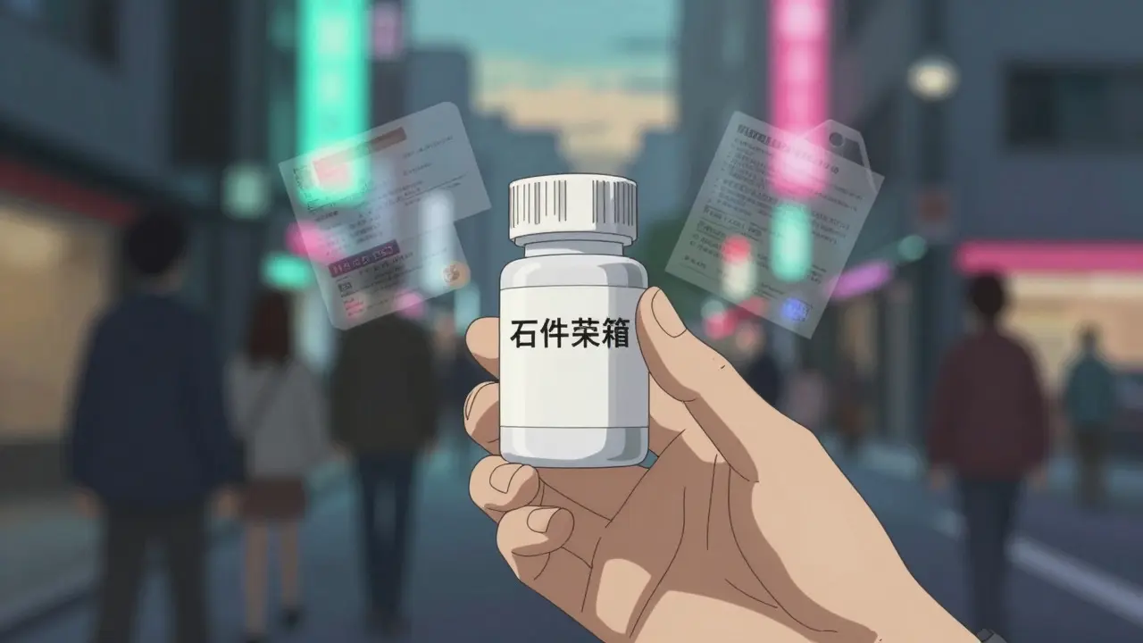Close up of hand holding prescription pill bottle in city setting