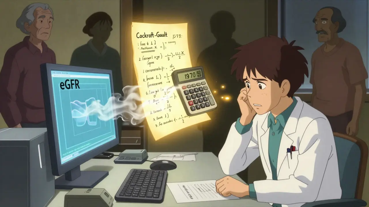 Doctor choosing manual calculation over digital eGFR, with floating formulas.
