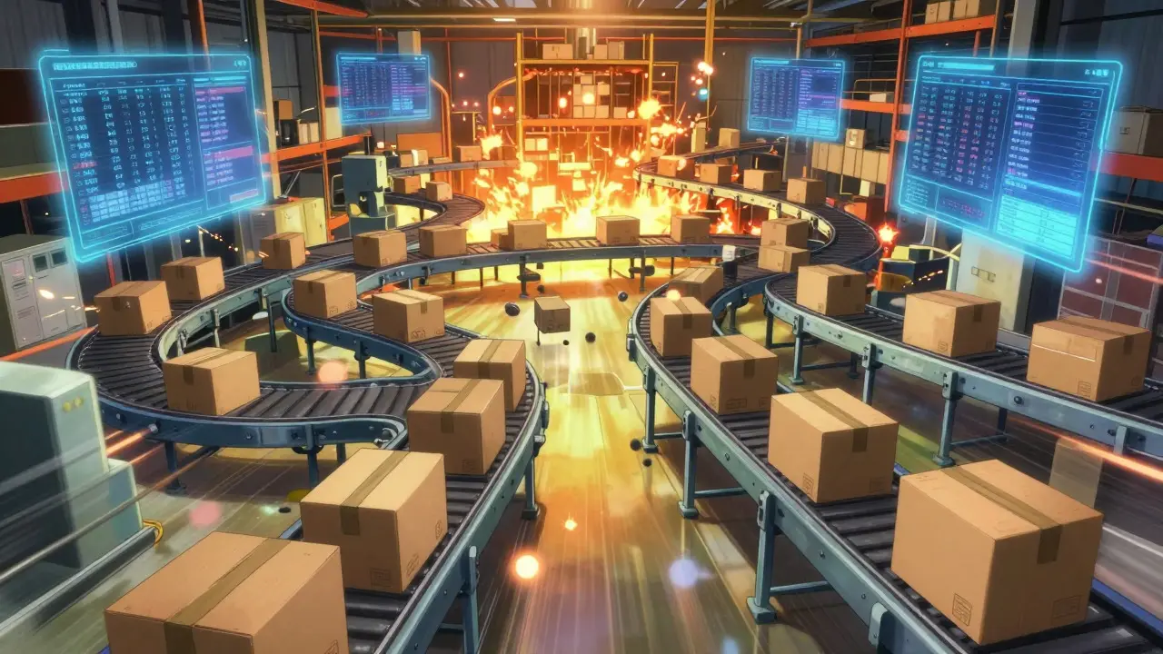 Dynamic anime scene of medicine boxes moving through twisted industrial conveyor belts