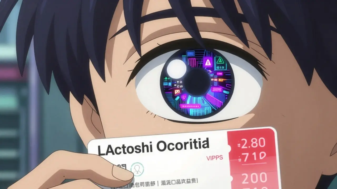 Eye reflection showing safe vs fake online pharmacies in Satoshi Kon style