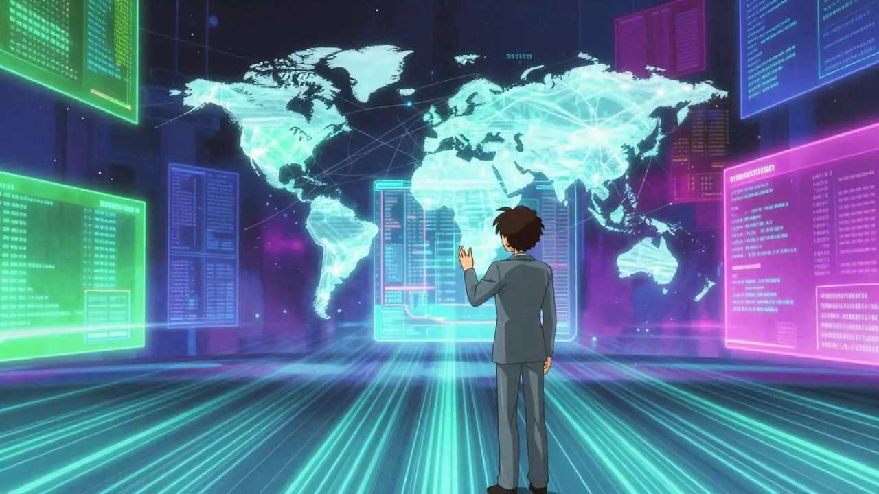 Futuristic anime character interacting with a glowing digital supply chain network