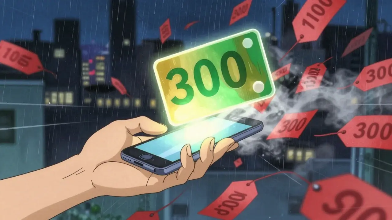 Hand holding a phone projecting a glowing green coupon over a rainy city street at night