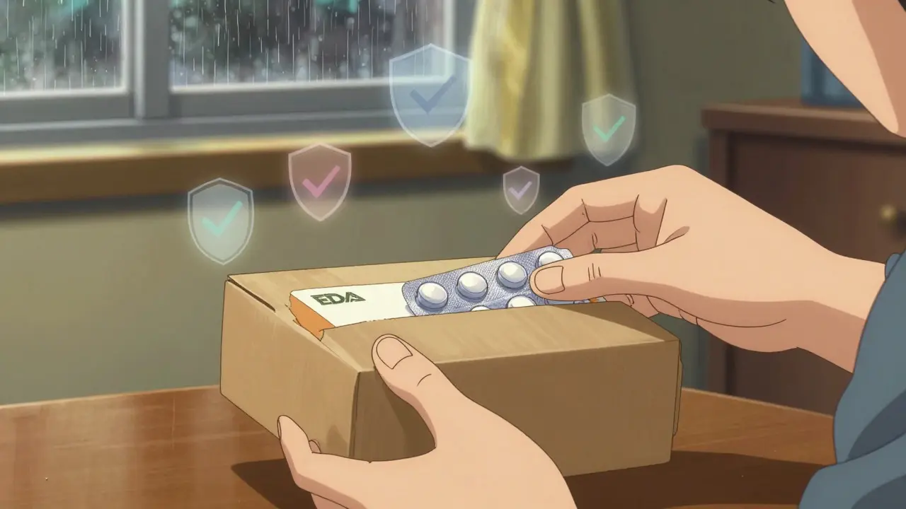 Hands opening a package of generic antibiotics with protective symbols in a cozy home.