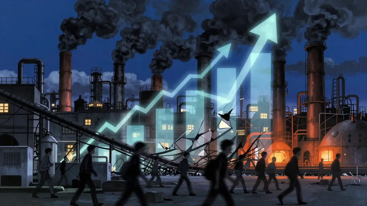 Industrial anime scene with factories emitting graph-shaped smoke clouds
