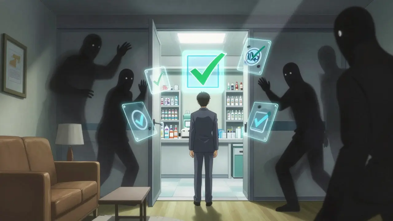 Person protected by holographic safety seals from shadowy scam figures