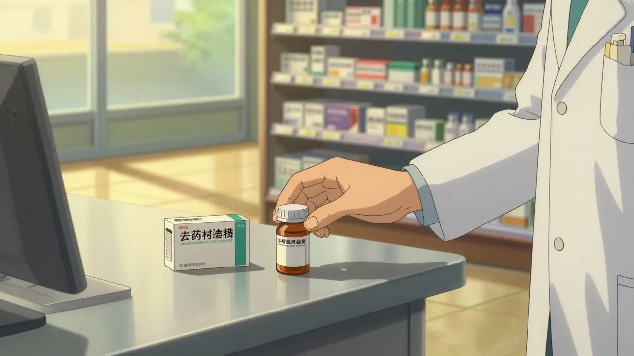Pharmacist placing a generic pill bottle on a counter in a warm-lit pharmacy