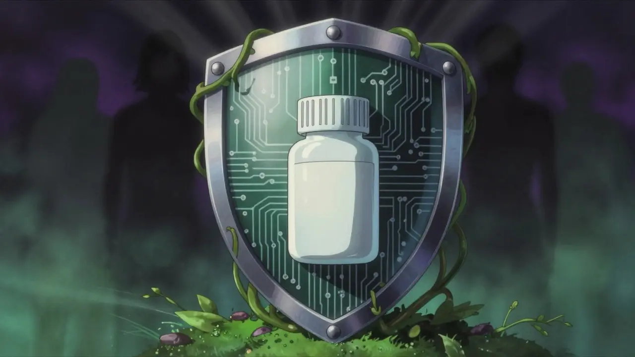 Protective shield made of circuits surrounding a medicine bottle, blocking shadowy figures