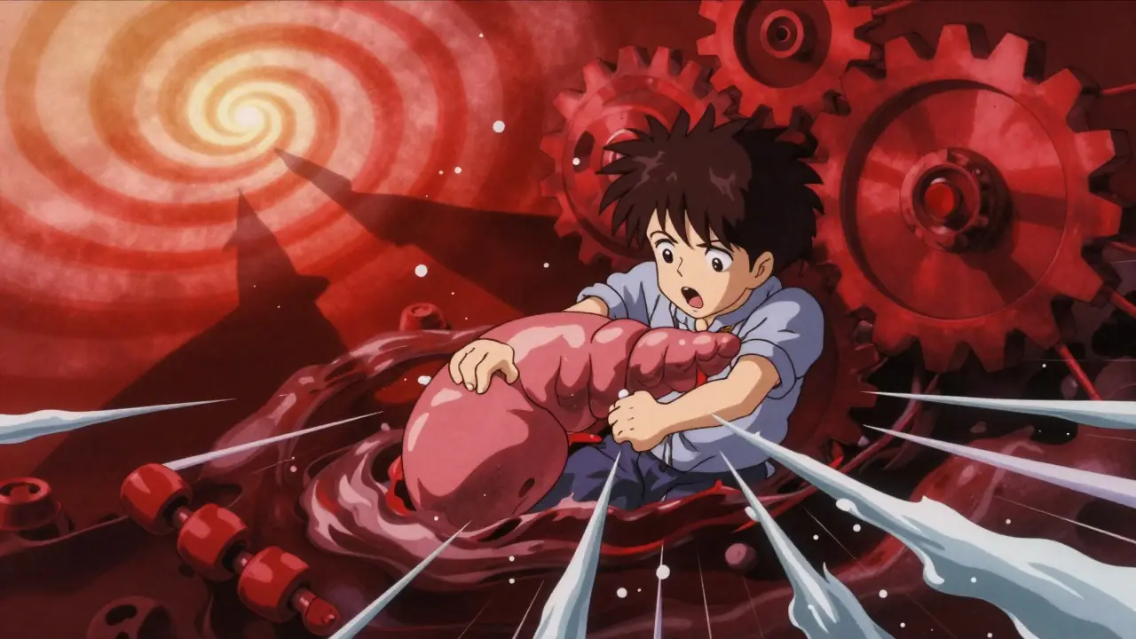 Satoshi Kon style art showing Sulfonylureas forcing insulin release with risky side effects.