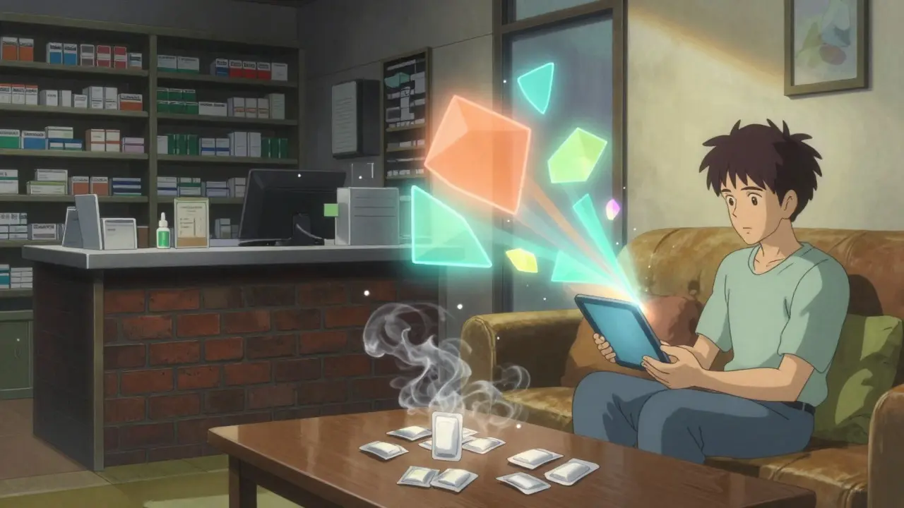 Split scene showing dark pharmacy vs bright home delivery via tablet magic