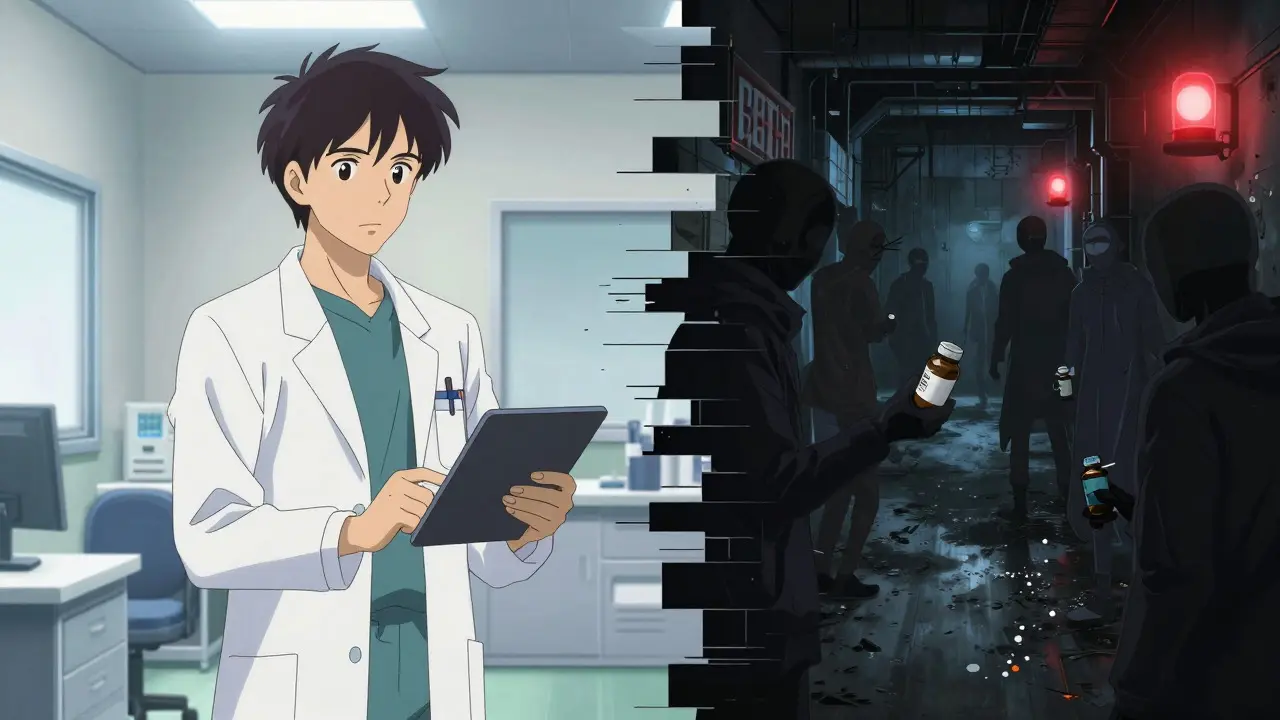 Split screen contrasting safe medical consultation with dangerous black market drugs