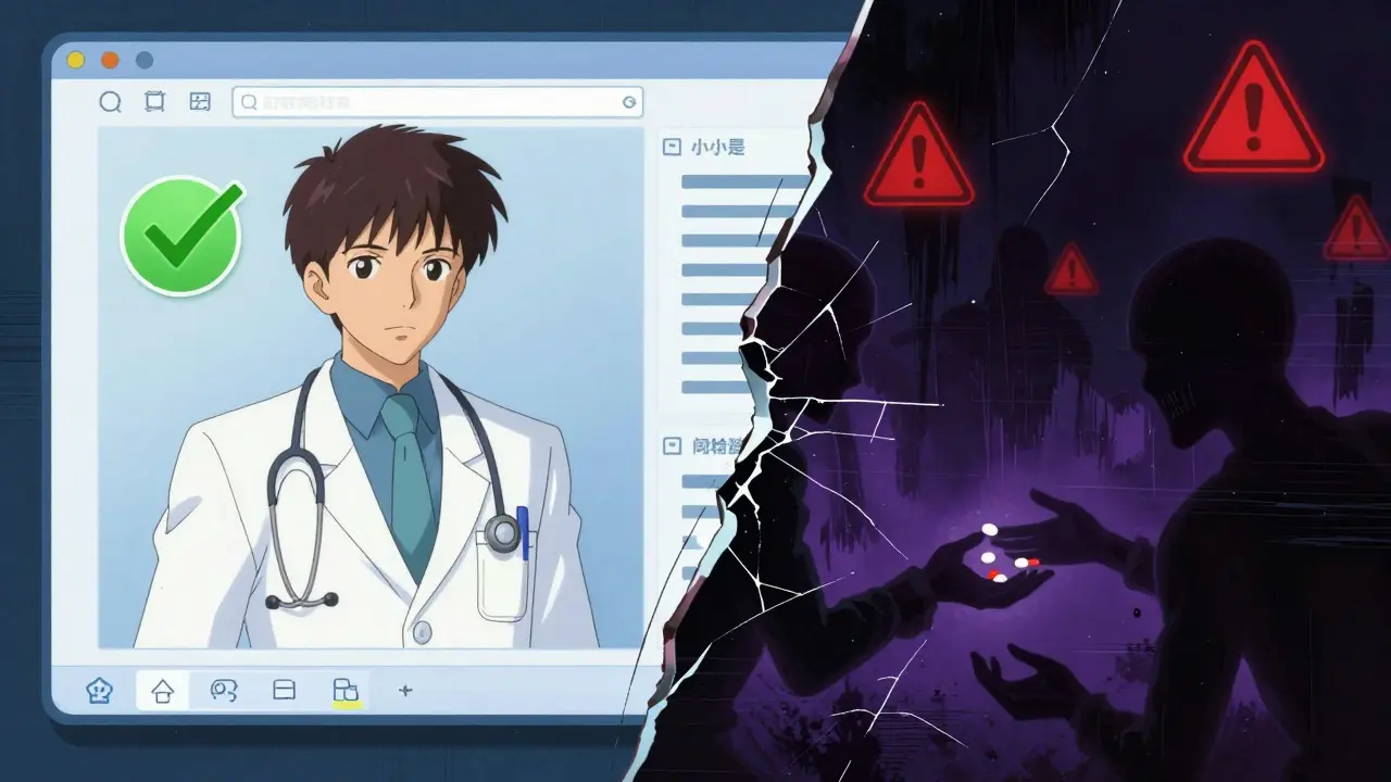 Split screen showing safe vs unsafe online pharmacy interfaces