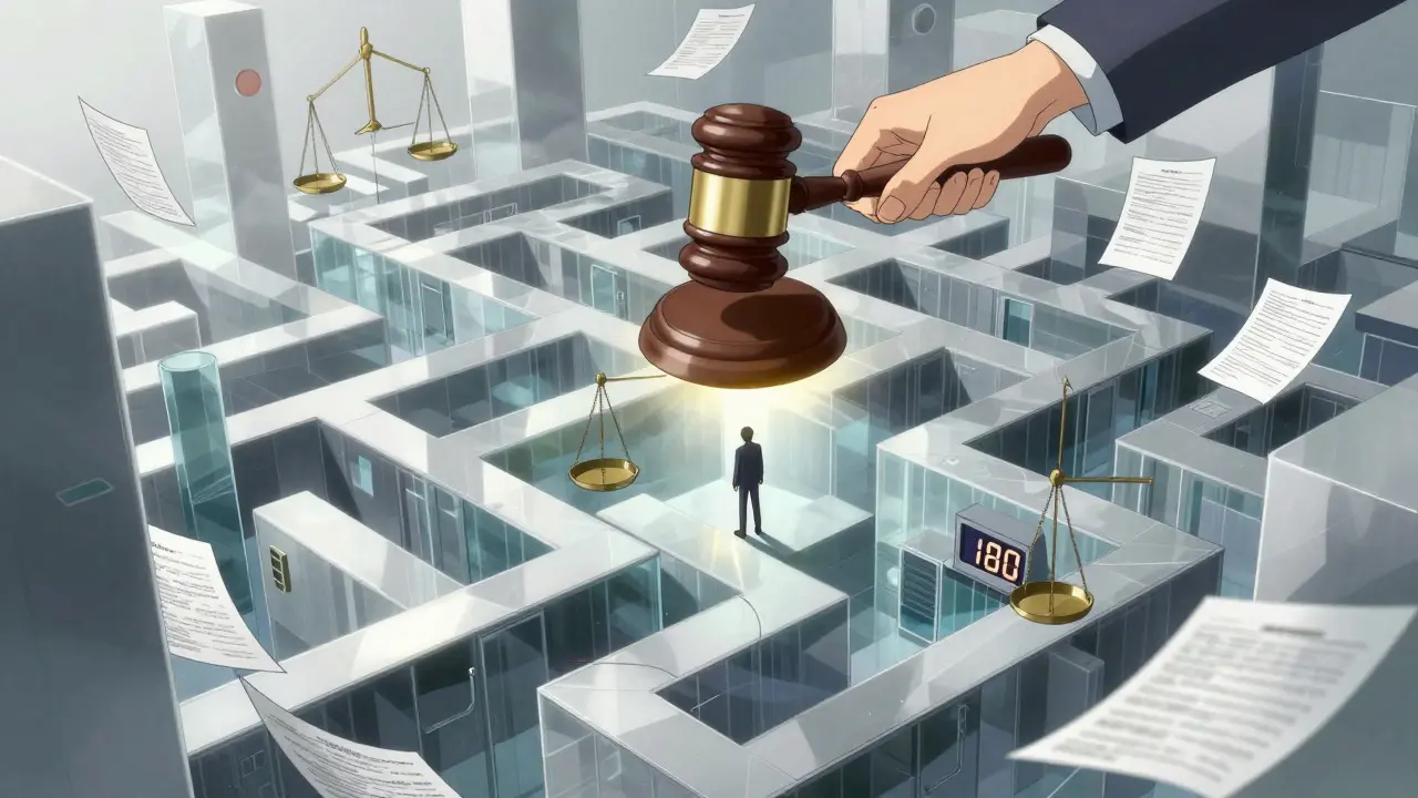 Surreal anime depiction of a figure navigating a legal maze with a floating gavel and digital timer