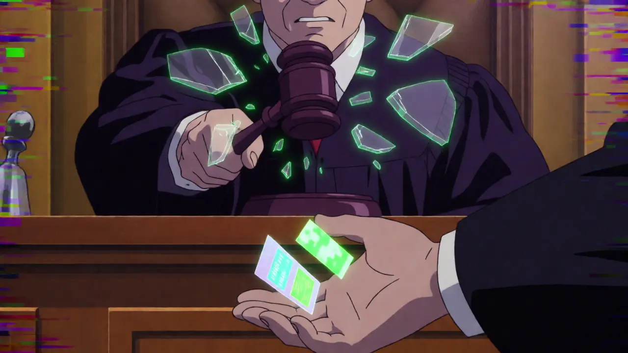 Tense anime scene showing a lawyer catching fragmented digital records amidst a suspended gavel and glitch effects.
